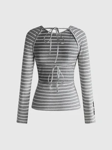 ROMWE Street Life Women's Minimalist Striped Colorblock Long Sleeve Top - Light Grey - View 2