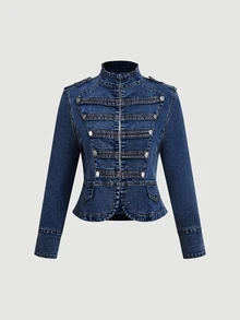 Slaydiva Plus Size Women's Double-Breasted Casual Versatile Daily Denim Jacket - Blue - View 7