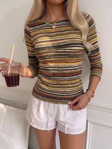 CovetEZ Women's Striped Colorblock Casual T-Shirt For Daily Wear - Multicolor - View 6