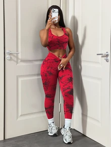 SHEIN Core Rhythm 女款休閒背心與緊身褲運動套裝 - 紅色 - 查看 3
