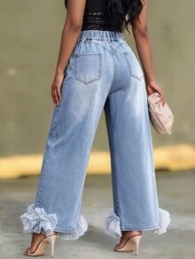 BriallanyX BriallanyX Plus Size Women's Loose Wide Leg Denim Pants With Pockets, Polka Dot Ruffle Hem - Blue - View 2