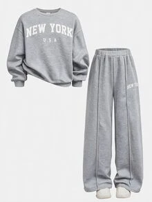 SHEIN Girlism 青少年女孩紐約字母印花衛衣與直筒長褲2件套，白色，秋季，休閒，校園，返校季，舒適秋冬套裝 - 灰色 - 查看 4