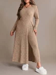 Freevana Ribbed Knit Two Pieces Set With Long Slit Tunic And Stretch Leggings, Cozy Loungewear-To-Streetwear Fall - Khaki - View 3