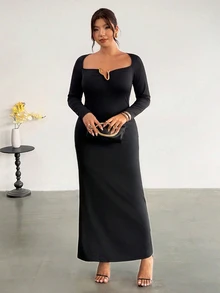 Firerie Plus Size Women's Metal Design Long Sleeve Slim Fit Elegant Dress - Black - View 3