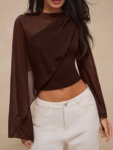 Glamine Women's Elegant Solid Color Asymmetrical Top, Autumn Dinner Going Out Brown - Chocolate Brown - View 5