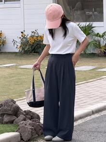 DAZY Tween Girl Fall Clothes Tween Girl) Solid Color Woven Wide Leg Long Pants - Navy Blue - View 2