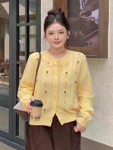 Dazy Plus Pattern Embroidered Fitted Round Neck Long Sleeve Casual Vacation Vintage Girl Spring Autumn Knit Cardigan - Yellow - View 6
