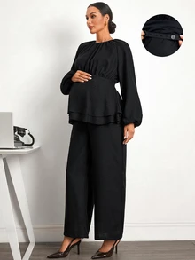 MaterniWear Maternity Solid Color Pleated Long Sleeve Top And Adjustable Waistband Pants Casual Daily 2 Pieces Set Fall - Black - View 4