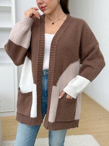 SHEIN LUNE Plus Size Women's Colorblock Casual Daily Cardigan - Coffee Brown - View 5