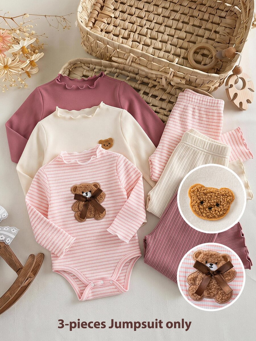 SHEIN 3pcs/Set Newborn Baby Girl Cozy Knit Solid Color Ruffled Romper Set, Autumn - Multicolor - View 1