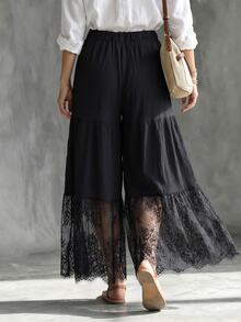 Ceyna Women's Plus Size Casual Minimalist Loose Hem Lace Patchwork Design Commute Versatile Clothing Daily Wear Women's Long Pants Summer Outfit - Black - View 2