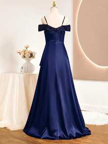 Teen Girl Sequin Patchwork Satin Ruffle Spaghetti Strap Ruffle Hem Slit Full Skirt Dress For Wedding Sweet 16 Prom Performance Burgundy Summer - Navy Blue - View 2