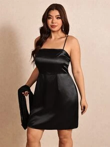 Elaquor Plus Size Satin Sexy Cami Dress With Cropped Rhinestone Top 2 Pieces Set - Black - View 5