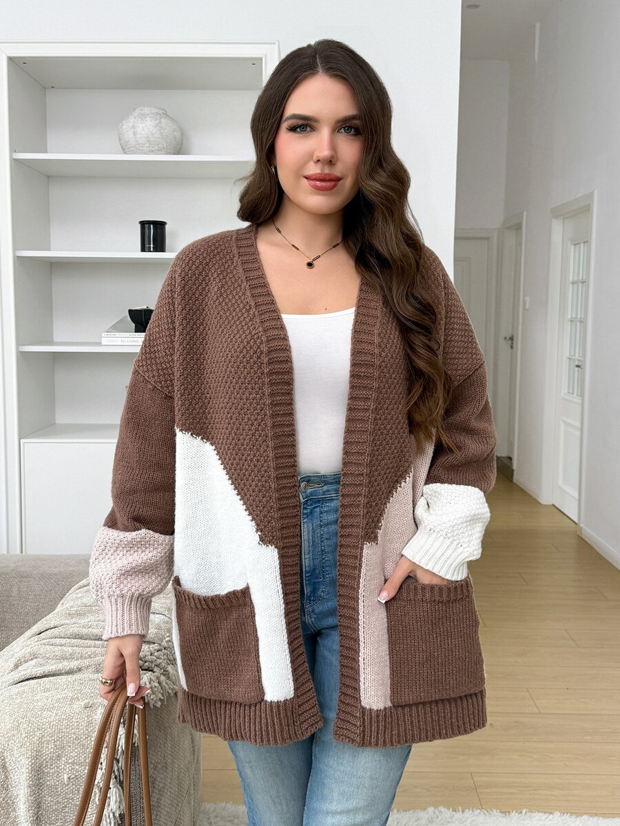 SHEIN LUNE Plus Size Women's Colorblock Casual Daily Cardigan - Coffee Brown - View 1