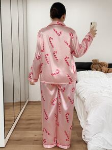 Napfluff CURVE Napfluff CURVE Pink All-Over Print Christmas Candy Cane Plus Size Faux Silk Lapel Long Sleeve Long Pants Pajama Set - Pink - View 2