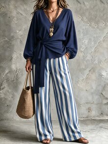 Linhara CURVE Plus Drop Shoulder Knot Side Top & Wide Leg Pants Fall - Navy Blue - View 4