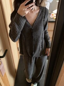 DAZY 2pcs Women's Pajama Set With V-Neck Long Sleeve Top And Straight Leg Long Pants, Featuring Wood Ear Trim And Ribbed Fabric - Dark Grey - View 7