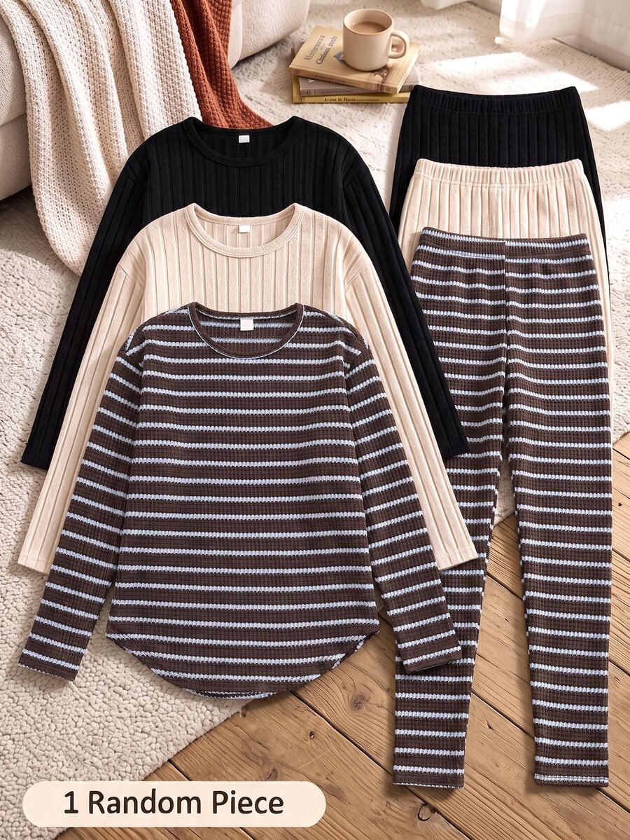 SHEIN Vintaside Kids 女童軟綿復古條紋上衣,圓弧下擺,搭配寬鬆長褲,修身顯瘦,輕盈春秋套裝,返校穿搭 - 棕色 - 查看 1