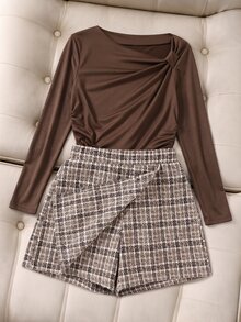 SHEIN Tween Girl Fall Outfits Fall Tops Fall Two Pieces Set Of Korean Soft Girl And Big Child Set: Open Shoulder Long Sleeved Top+Front Sli... - Brown - View 3