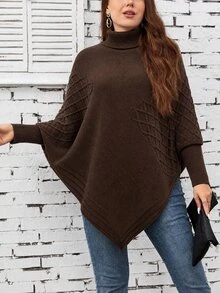 EMERY ROSE Plus Size Women's Winter Clothing Winter Tops Winter Sweaters High Neck Diamond Pattern Gigot Sleeve Knit Sweater Pullover Basic Style Twisted Rope Minimalist Winter Tops Pullover - Brown - View 3