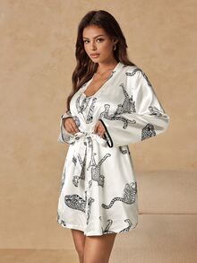 HautHeat Women's Animal Print Camisole Top, Shorts And Cardigan Casual Daily Home Sleepwear Set - White - View 5