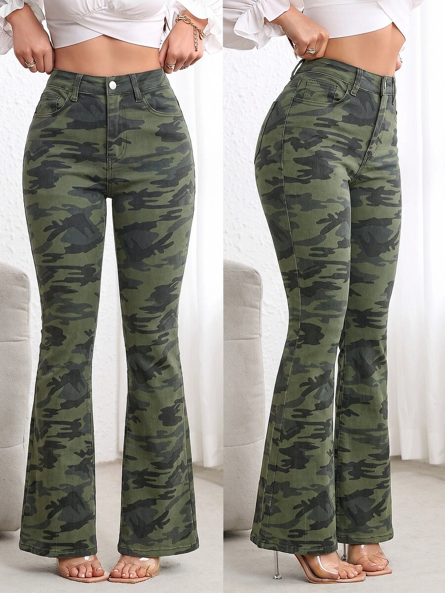 Flexra Women's Casual Versatile Flare Jeans With Pockets - Army Green - View 1