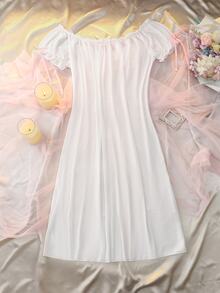 DelicateAllure Plus Size Women's Solid Color Casual Daily Home Sleep Dress - White - View 2
