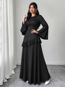 SHEIN Elenzya Women's Plus Size Ruffle Design Long Dress, Autumn/Winter Outdoor Dress - Black - View 6