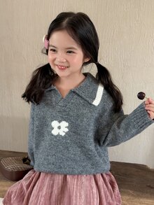Dazy Kids Young Girls Floral Jacquard Half-Open Collar Design Pullover Sweater - Grey - View 3