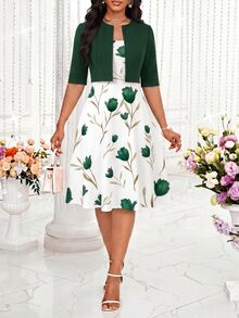 SHEIN Lady 女款花卉印花洋裝與純色開襟衫休閒浪漫優雅日常兩件套，適合婚禮、畢業、大學，酒紅白色花卉夏季款 - 墨綠色 - 查看 5