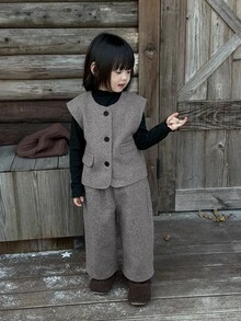 Dazy Kids Baby Girl Solid Color Single-Breasted Vest And Long Pants Casual Daily Outfit - Grey - View 1