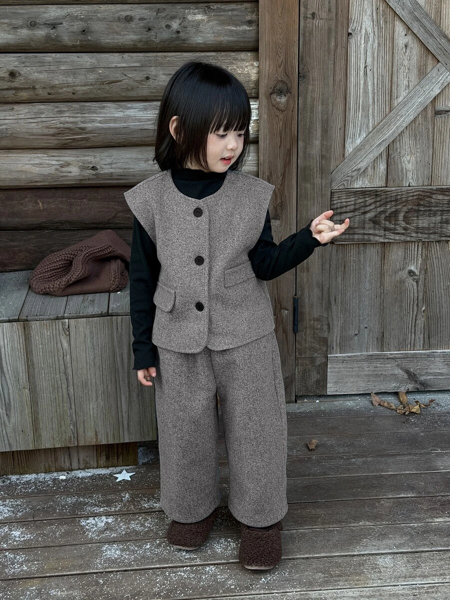 Dazy Kids Baby Girl Solid Color Single-Breasted Vest And Long Pants Casual Daily Outfit - Grey - View 1