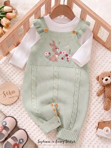 Cozy Pixies Baby Girls' Knitted Romper, Embroidered Rabbit & Floral Pattern, Long Autumn Winter Pants - Mint Green - View 5