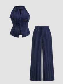 Sweetra Bộ 2 món áo blouse cạp nút size lớn và quần túi kẻ sọc - Màu xanh hải quân - Xem 4
