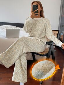 DAZY Women's Minimalist Long Sleeve Top And Fuzzy Long Pants Pajama Set - Apricot - View 4