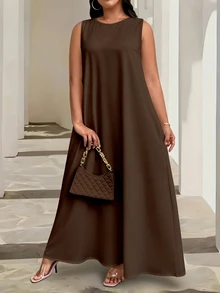 EMERY ROSE Plus Size Women Solid Color Round Neck Sleeveless Dress, Loose Flowy A-Line Casual Corset Summer Dress For Daily Going Out Formal Vacation Burgundy - Brown - View 1
