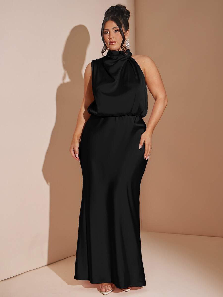 SHEIN BAE 大尺碼女款純色立領百褶優雅無袖緞面洋裝 - 黑色 - 查看 1