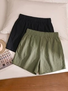 Story & Sage 女款休閒度假短褲 春夏季 寬鬆抽繩蝴蝶結設計 紋理棕米色 多件裝 日常居家外出休閒短褲 - 彩色 - 查看 2