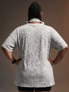 Powerista Women's Plus Size White & Grey Leopard Print Short Sleeve Sports T-Shirt - White - View 2