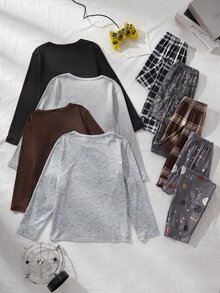SHEIN 1件隨機款 4款可選 大童男孩圓領長袖上衣＋長褲 黑色灰色格紋圖案 2件組 秋冬睡衣 柔軟針織休閒款 - 彩色 - 查看 2