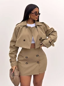 Radiana Áo khoác trench dáng ngắn cài cúc cho nữ size lớn, phong cách dạo phố, dự tiệc và du lịch - màu nâu - Xem 4