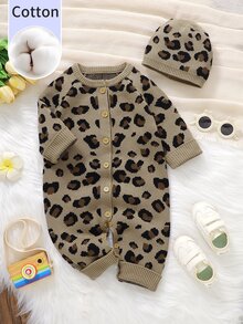 SHEIN Pure Cotton Vintage Leopard Print Baby Knit Romper With Round Neck And Button Closure, Matching Hat, Fashionable Versatile Crawler Suit For Daily Wear, Travel, Vacation And Photo Shoots - Multicolor - View 3