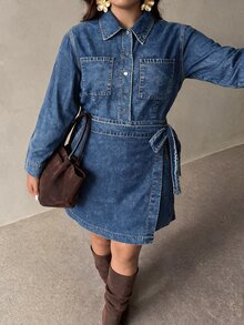 Auralis Plus Size Plus Size Blue Washed Denim Shirt Dress,Belted Button-Front A-Line Mini Dress,Wrap-Front Design,Country,Halloween,Christmas,Party,Elegant - Blue - View 7