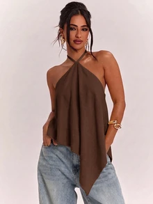 SHEIN BAE 性感不對稱下擺掛脖綁帶背心 - 棕色 - 查看 1