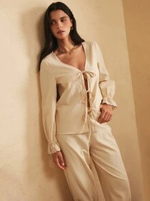 Lullawish Bohemian Casual Bowknot Lace Patchwork Cotton Comfortable Women's Pajama Set - Khaki - View 1