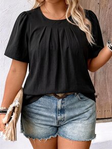 EMERY ROSE Plus Size Vacation Casual Solid Color Textured Petal Sleeve Shirt - Black - View 1