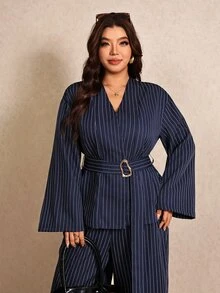 Elaquor Bộ 2 món áo tay dài kẻ sọc và quần ống rộng phong cách thường ngày cho nữ size lớn - Màu xanh hải quân - Xem 5
