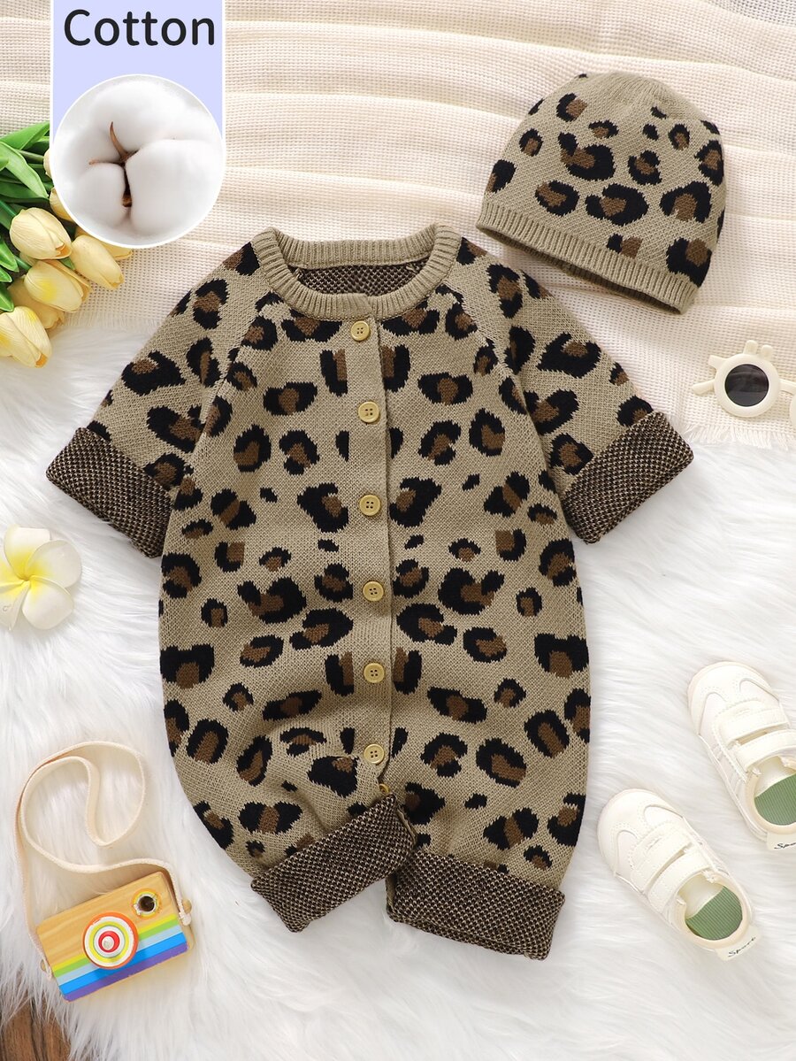 SHEIN Pure Cotton Vintage Leopard Print Baby Knit Romper With Round Neck And Button Closure, Matching Hat, Fashionable Versatile Crawler Suit For Daily Wear, Travel, Vacation And Photo Shoots - Multicolor - View 1