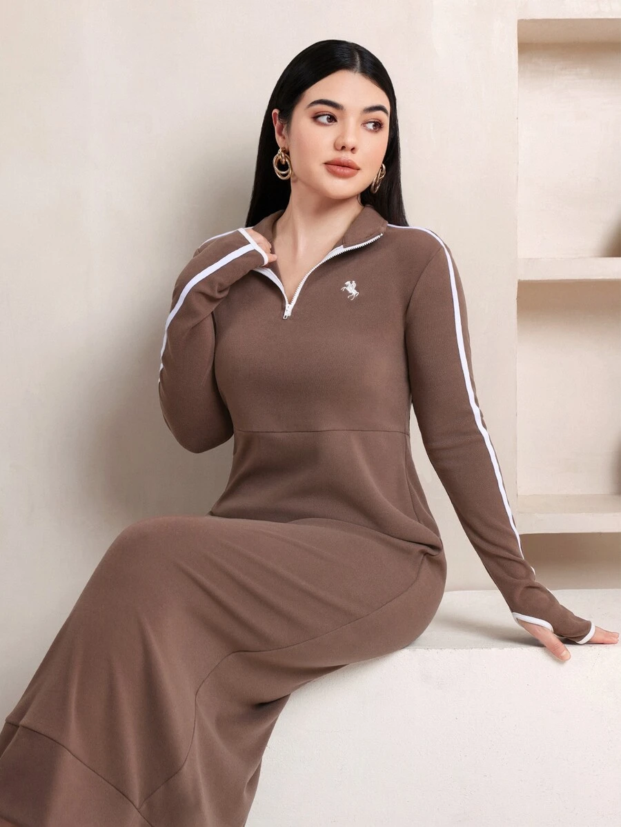 Veilorie Women's Knight Graphic Contrast Color Casual Daily Summer Long Dress - Mocha Brown - View 1