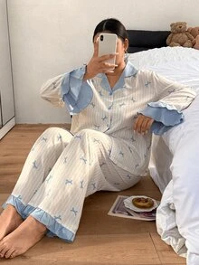Napfluff CURVE Napfluff CURVE Colorblock Striped Bow Print Pajama Set, Sweet Ruffle Trim Plus Size Loungewear - Beige - View 3